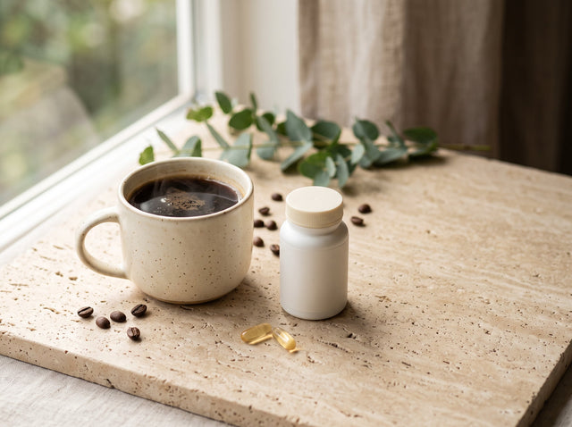 Tasse Kaffee und Vitamin-D-Kapseln auf heller Steinplatte neben Eukalyptuszweigen