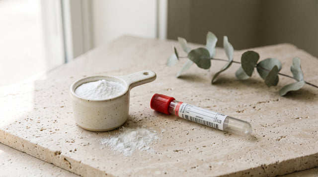Messbecher mit weißem Kreatinpulver neben einem Blutröhrchen mit rotem Verschluss und Eukalyptuszweigen auf heller Travertinplatte