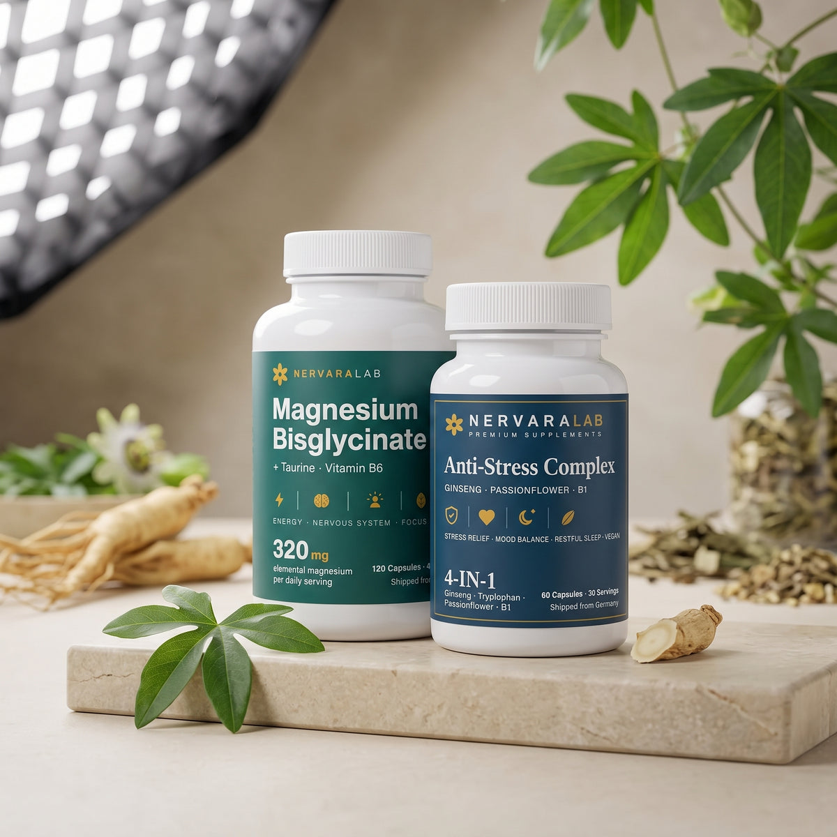 Nerven-Set von NervaraLab – Dosen Magnesium Bisglycinat und Anti-Stress Complex, zweite Ansicht mit Ginsengwurzel und getrockneten Kräutern