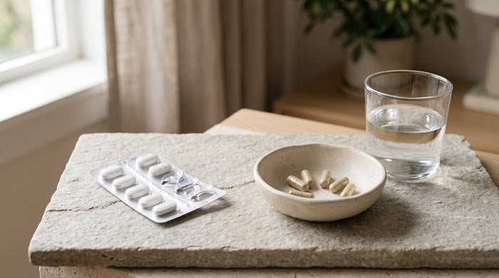Blisterpackung mit Tabletten, Zinkkapseln in einer Keramikschale und ein Glas Wasser auf heller Steinplatte