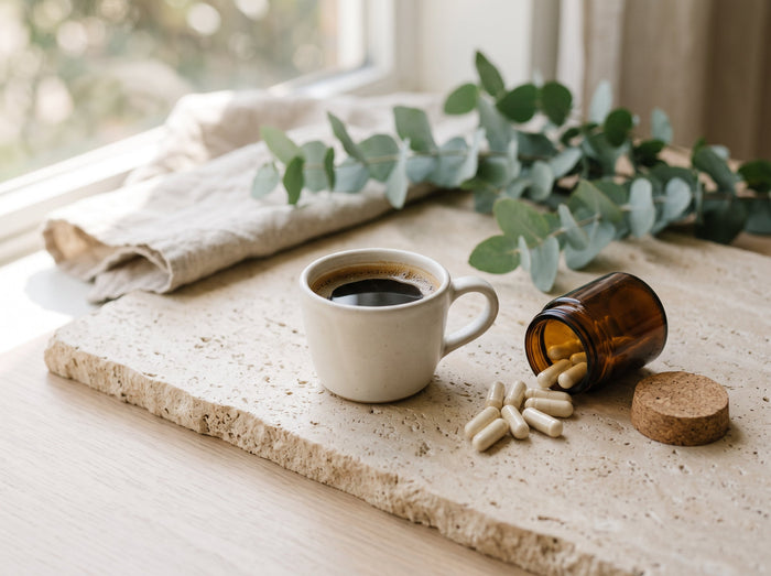 Tasse Kaffee und Magnesiumkapseln auf heller Steinplatte neben Eukalyptuszweigen