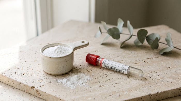 Messbecher mit weißem Kreatinpulver neben einem Blutröhrchen mit rotem Verschluss und Eukalyptuszweigen auf heller Travertinplatte
