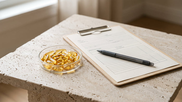 Goldgelbe Omega-3-Weichkapseln in einer Glasschale neben einem Klemmbrett mit Aufklärungsbogen und Stift auf heller Steinplatte
