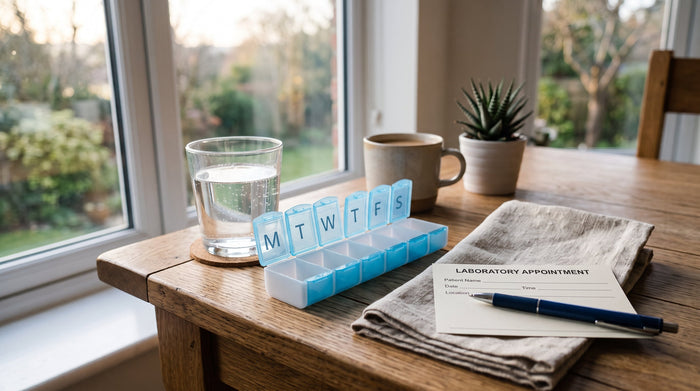 Tablettenbox und Wasserglas am Morgen vor der Blutabnahme