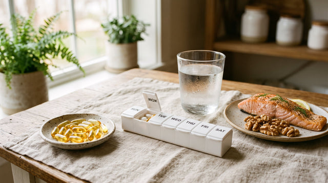 Omega-3-Kapseln neben einer Tablettenbox und einem Glas Wasser