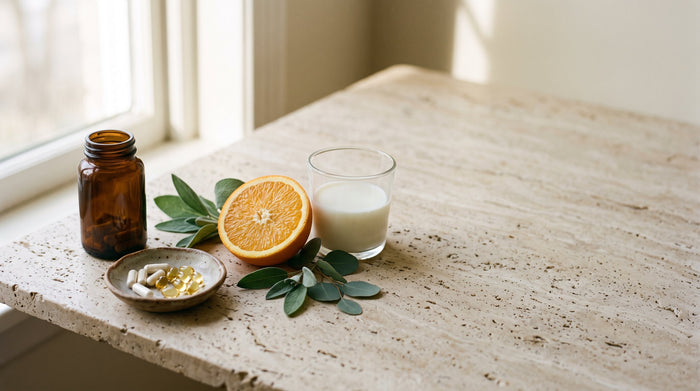 Bernsteinfarbene Glasflasche mit Kapseln und Weichkapseln in einer Keramikschale, daneben eine halbe Orange, ein Glas Milch und frischer Salbei auf heller Steinplatte