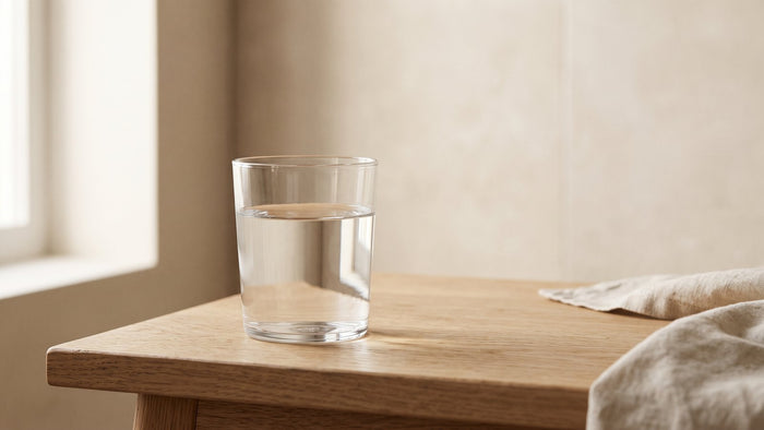 Glas Wasser auf Eichenholz im warmen Abendlicht