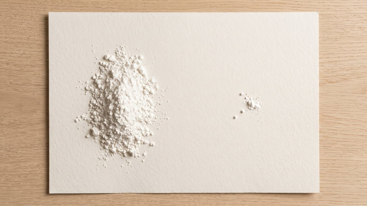 Großer und winziger Pulverhaufen im Größenvergleich auf hellem Papier
