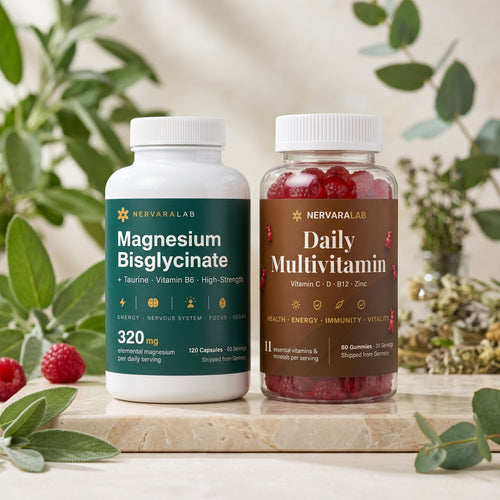 Basis-Set von NervaraLab – Dosen Magnesium Bisglycinat und Daily Multivitamin Gummies nebeneinander, umgeben von Himbeeren und Grünpflanzen