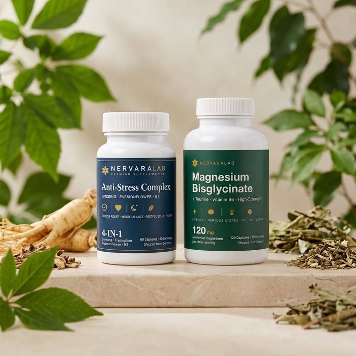 Nerven-Set von NervaraLab – Dosen Anti-Stress Complex und Magnesium Bisglycinat nebeneinander, umgeben von Ginsengwurzel und grünen Blättern