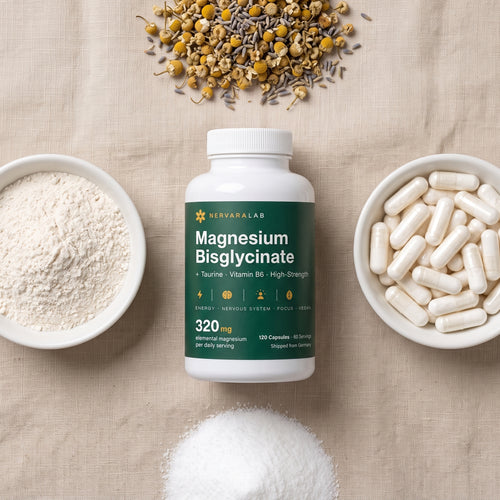 NervaraLab Magnesium Bisglycinat Dose zwischen Schale mit Magnesiumpulver, Kapseln und getrockneten Kräuterblüten