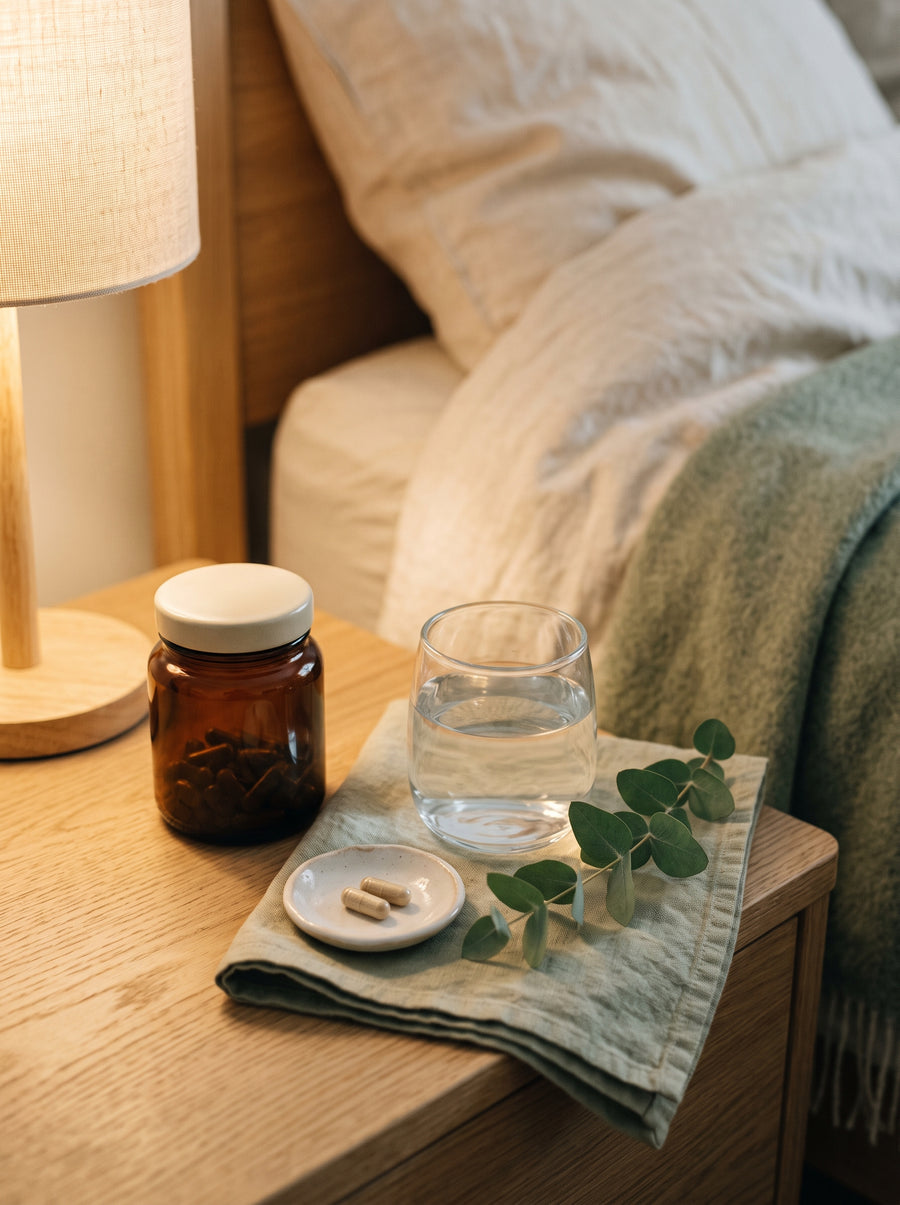 Nachttisch mit Wasserglas und Kapseln – Abendroutine mit Magnesium