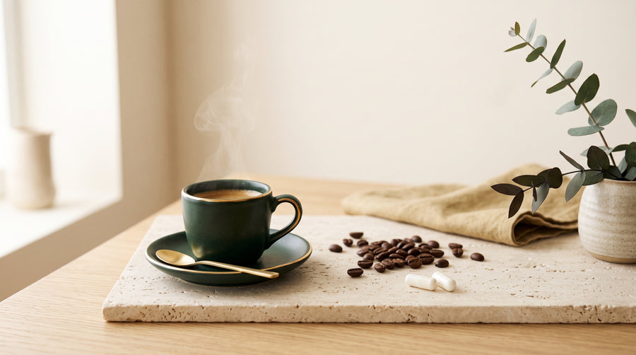 Espressotasse mit Kaffeebohnen und zwei Kapseln