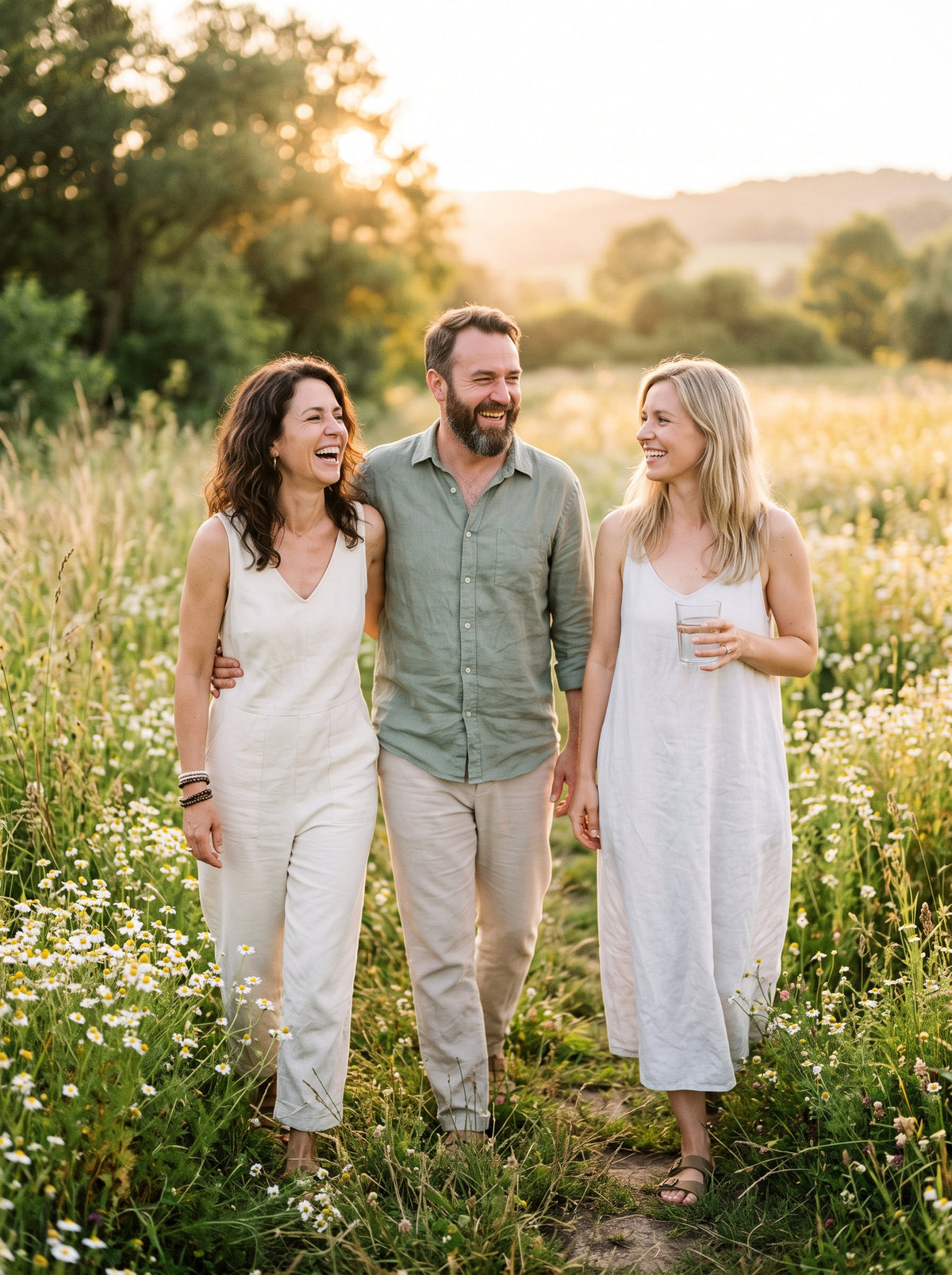 Drei Freunde lachen gemeinsam auf einer sonnigen Kamillenwiese