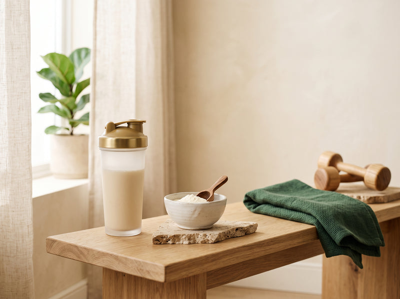 Shaker mit Drink, Schale mit Pulver und Handtuch auf einer Holzbank