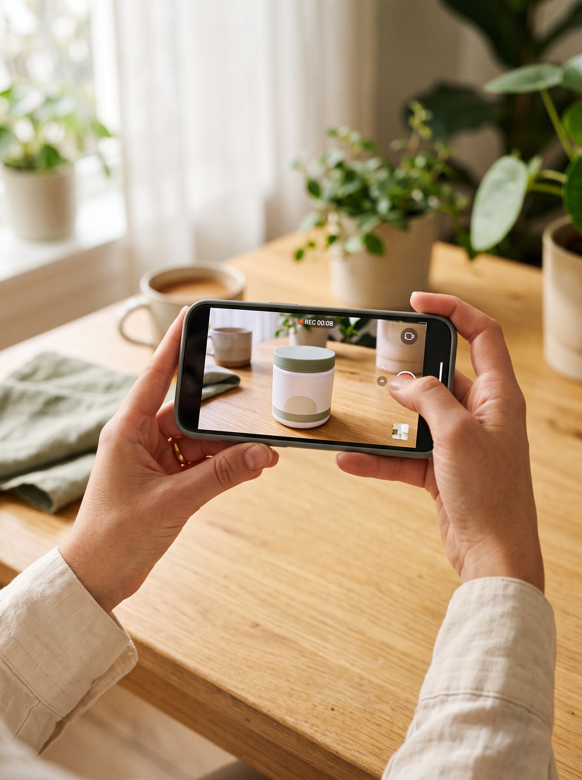 Hände filmen eine NervaraLab Dose mit dem Smartphone