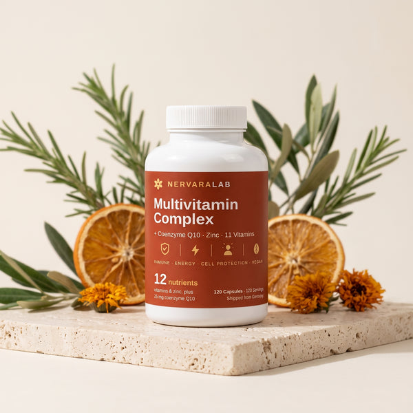 NervaraLab Multivitamin Komplex Kapseln mit Coenzym Q10, Dose auf heller Steinplatte