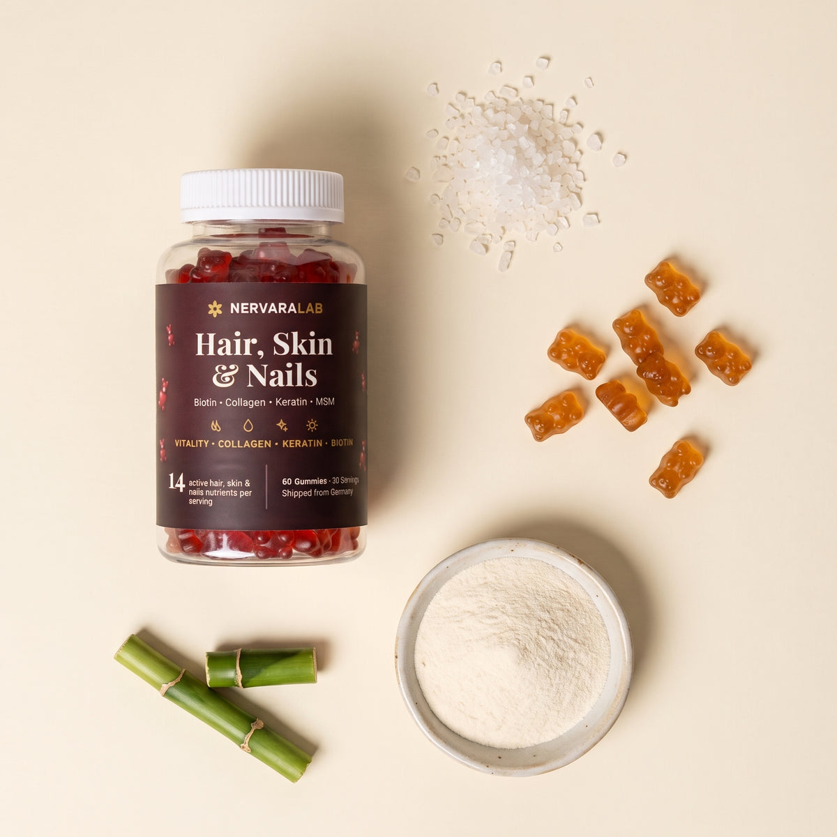 Dose NervaraLab Hair, Skin & Nails Gummies mit Bambus, Kollagenpulver und MSM-Kristallen – 60 Fruchtgummis für Haare, Haut und Nägel
