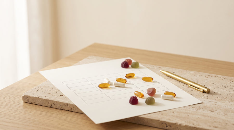 Kapseln und Fruchtgummis auf einem Blatt mit Raster-Tabelle