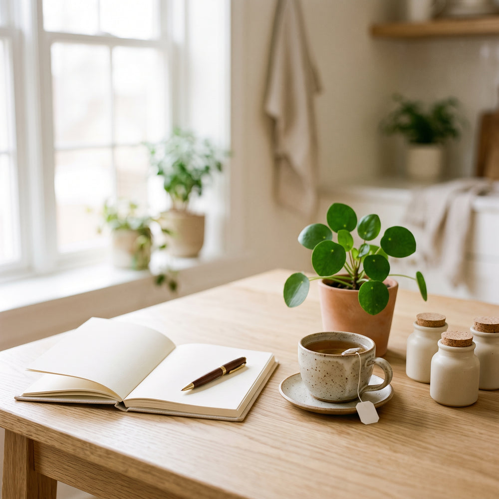 Teetasse und Notizbuch auf einem Holztisch – NervaraLab Produktfinder