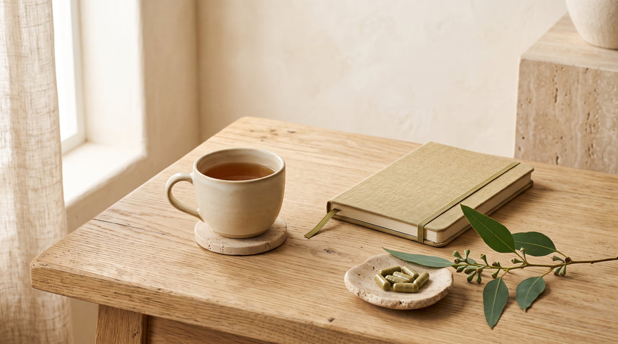 Teetasse und Notizbuch auf einem Holztisch