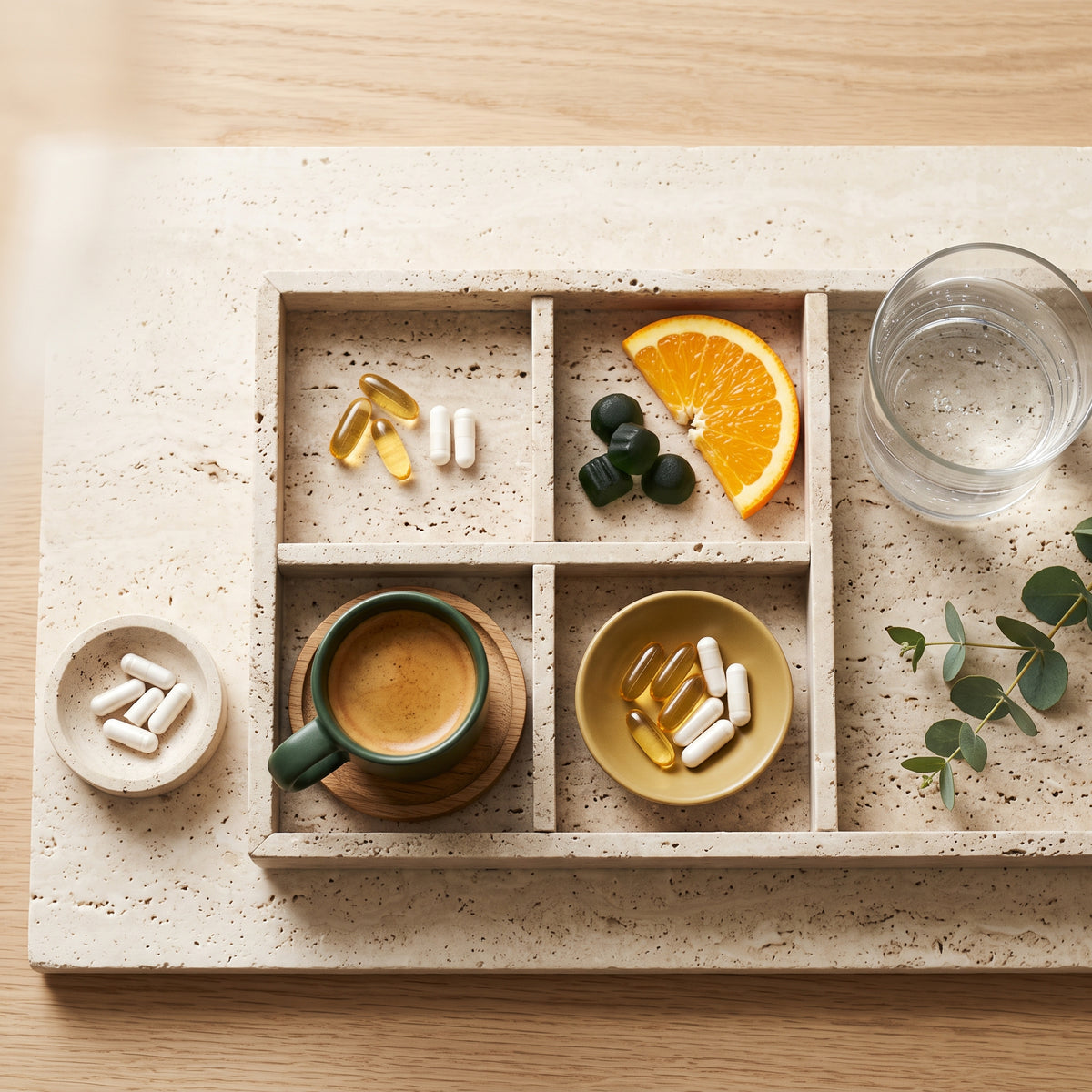Travertin-Tablett mit Kapseln, Weichkapseln, Fruchtgummis und Orangenscheibe in einzelnen Fächern