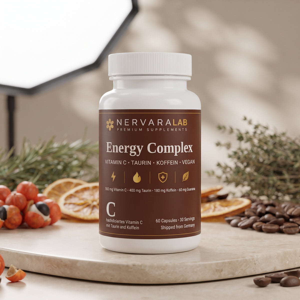 NervaraLab Energie Komplex Kapseln, 60 Stück – 560 mg Vitamin C, 400 mg Taurin und 180 mg Koffein pro Tagesportion