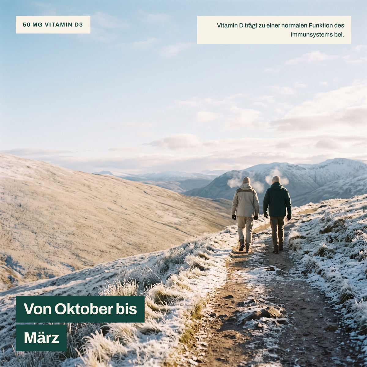 Zwei Menschen wandern auf einem Winterpfad – NervaraLab Vitamin D3 + K2 mit 50 µg Vitamin D3 pro Kapsel