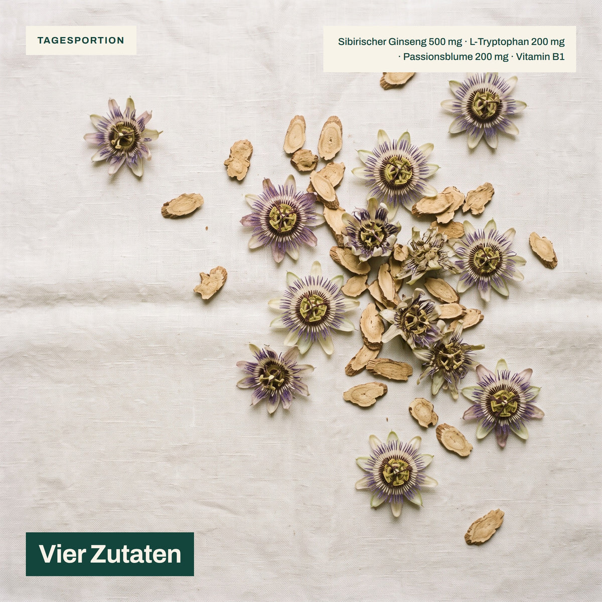 Passionsblumen und Ginsengwurzel auf Leinen – NervaraLab Anti-Stress Komplex, vier Zutaten pro Tagesportion