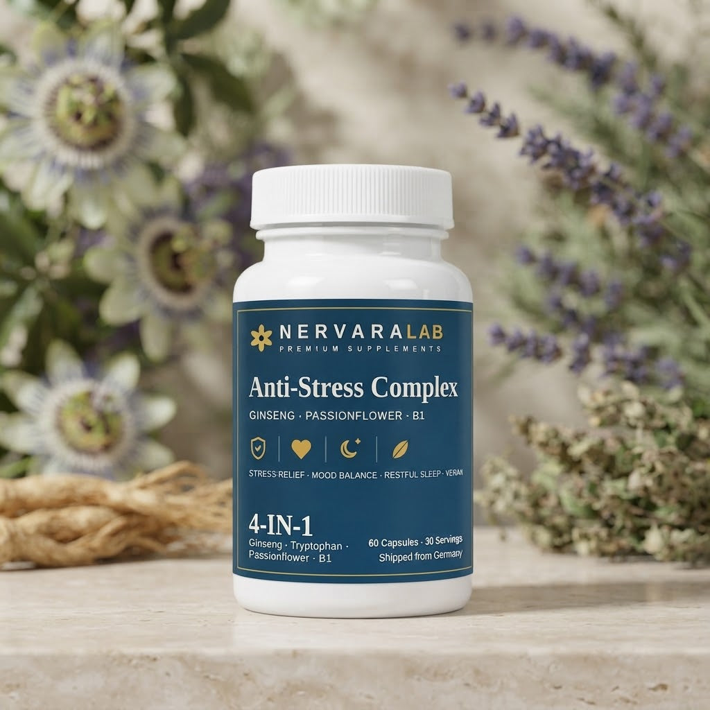 NervaraLab Anti-Stress Komplex Kapseln, 60 Stück – mit sibirischem Ginseng, L-Tryptophan, Passionsblumenextrakt und Vitamin B1
