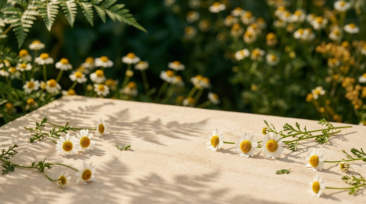 Blumenwiese mit Steinplatte – Hintergrundbild