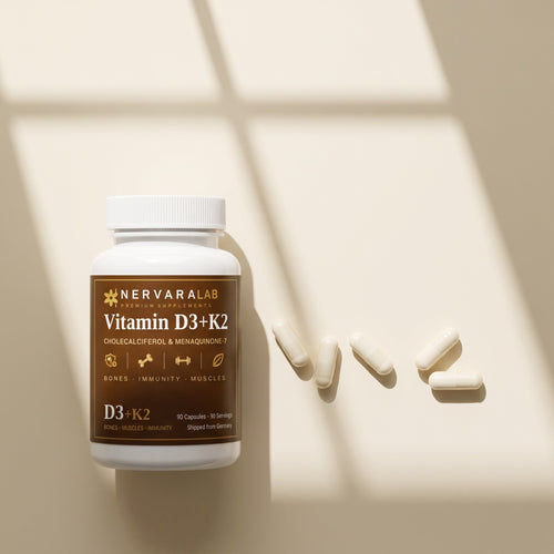 Dose NervaraLab Vitamin D3 + K2 Kapseln im Fensterlicht mit verstreuten Kapseln – 90 Kapseln, 1 Kapsel täglich
