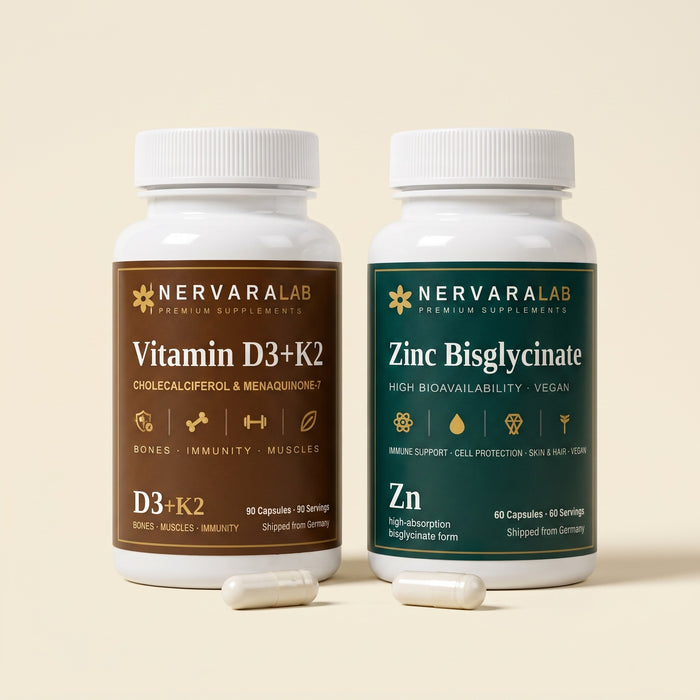 Winter-Set von NervaraLab – Dosen Vitamin D3 + K2 und Zink Bisglycinat nebeneinander mit je einer Kapsel