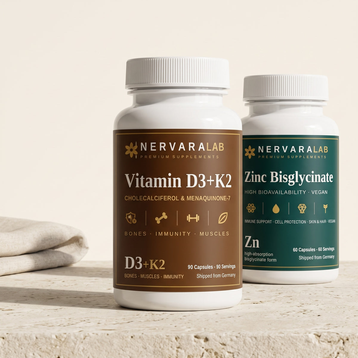 Winter-Set von NervaraLab – Vitamin D3 + K2 Kapseln (90 Stück) und Zink Bisglycinat Kapseln (60 Stück) auf einer Steinplatte